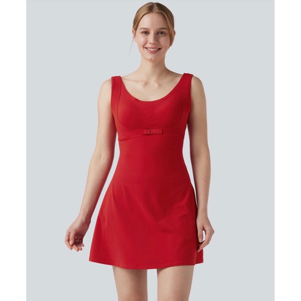 Halara Red Square Neck Active Dress Set with Shorts Large New